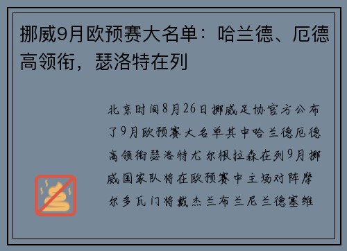 挪威9月欧预赛大名单：哈兰德、厄德高领衔，瑟洛特在列